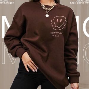 Shein Oversized Fleece Pullover Smiley Face New York Letter Print Graphic